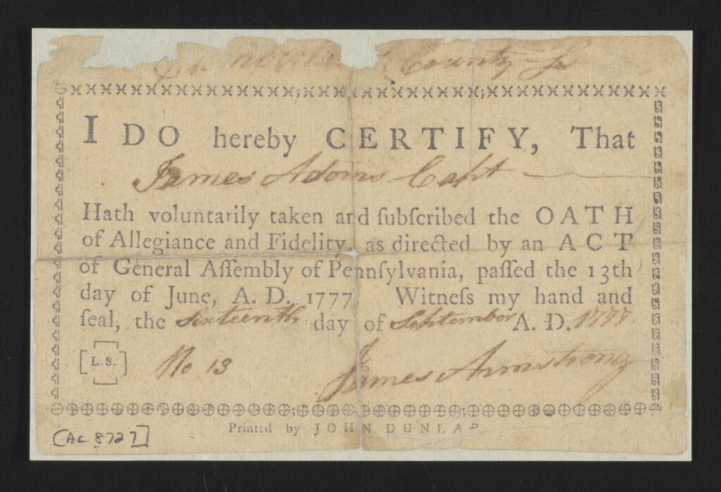 James Adams oath of allegiance certified by James Armstrong in June 1777.
