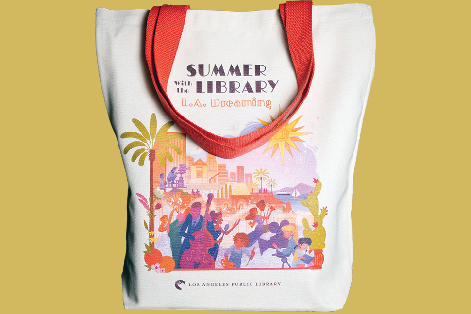 Tote bag featuring the Los Angeles skyline, with palm trees, reading "Summer Reading with LA Public Library."