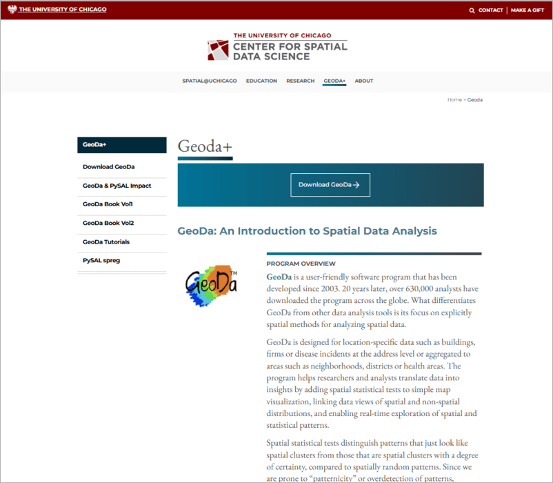 Screenshot from the GeoDa web archive