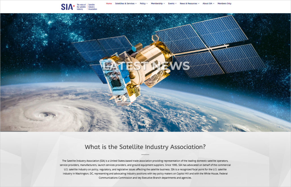 Archived homepage of the Satellite Industry Association homepage, which has a background image of a Satellite orbiting Earth