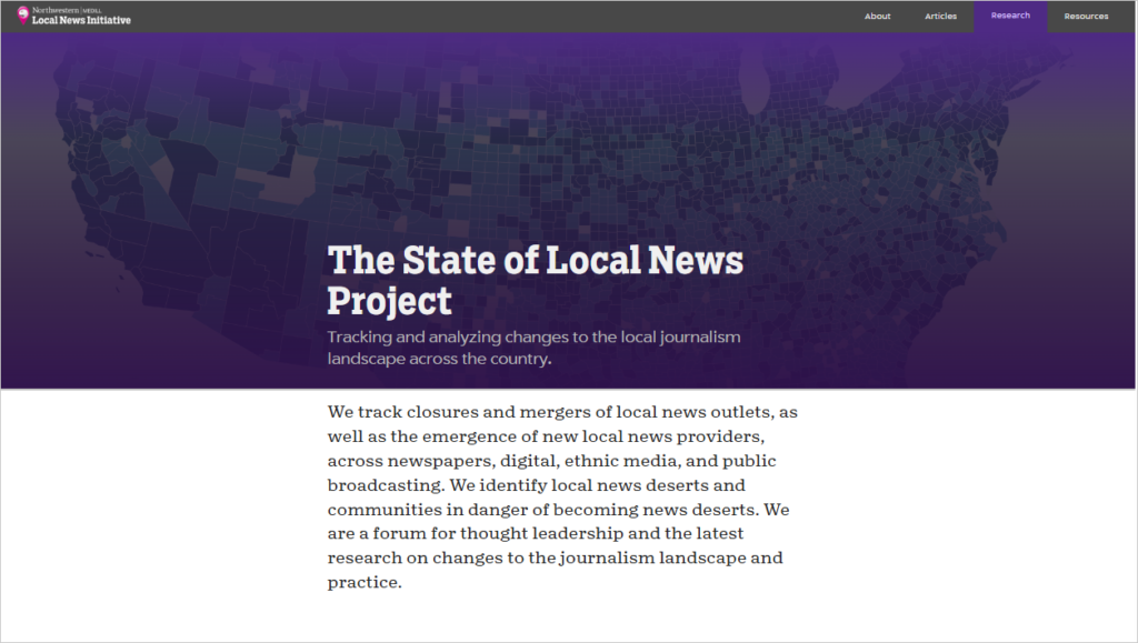 Archived homepage for The State and Local News Project, which says it is "tracking and analyzing changes to the local journalism landscape across the country," with a background image of a map of the United States